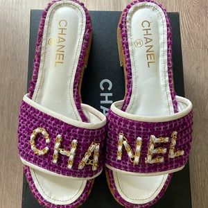 Purple Chanel Wooden Sole Sandals
